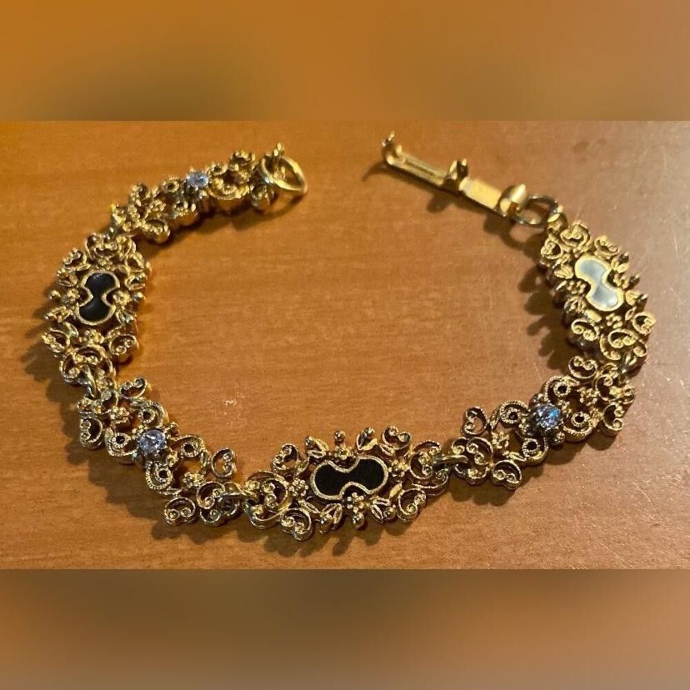 Vintage Florenza Gold Tone Chain Bracelet Womens Black Enamel Rhinestone 6.5"